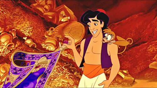 Magical Aladdin and Jasmine Flying on Magic Carpet over Agrabah at Night 4K Desktop Wallpaper