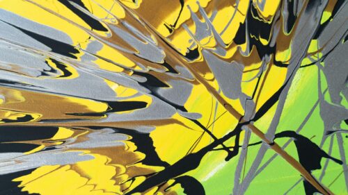Abstract Fluid Art with Vibrant Yellow Green and Silver Desktop Wallpaper