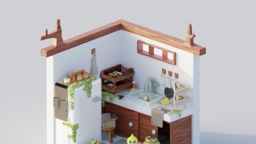 Cozy Isometric Miniature Kitchen Interior 4K Desktop Wallpaper