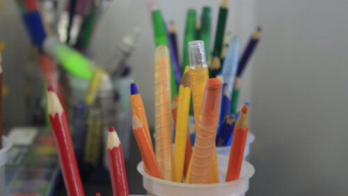 Colorful Assorted Colored Pencils in Cups Desktop Wallpaper