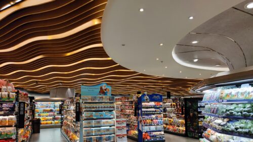Modern Grocery Store Architecture with Wavy Wooden Ceiling 4K Wallpaper