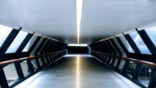 Futuristic Glass Pedestrian Bridge Corridor Architecture PC Wallpaper
