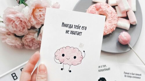 Funny Brain Cartoon Greeting Card with Flowers and Donut 4K Wallpaper