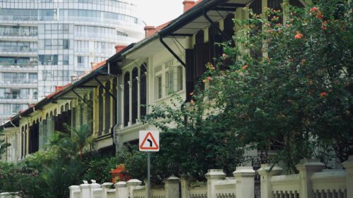 Charming Singapore Shophouses with Modern Skyscraper Desktop Wallpaper