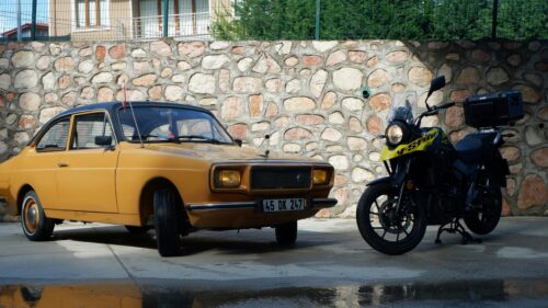 Classic Anadol Car and Suzuki V-Strom Motorcycle Desktop Wallpaper