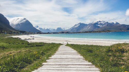 Stunning Norwegian Beach with Snowy Mountain Peaks Desktop Wallpaper