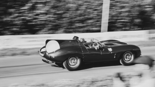 Jaguar D-Type Classic Race Car Speeding on Track Desktop Wallpaper