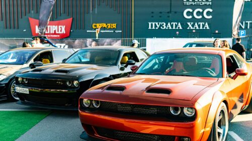Orange and Black Dodge Challenger Widebody Muscle Cars Desktop Wallpaper