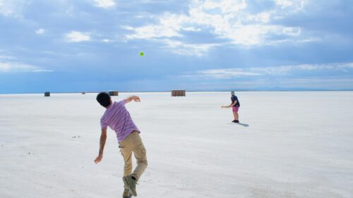 Two Men Playing Cricket on Bonneville Salt Flats 4K Wallpaper