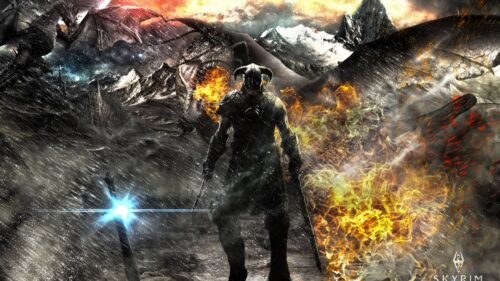 The Elder Scrolls Skyrim Dragonborn Standing on Mountain Peak Gaming Wallpaper 4K