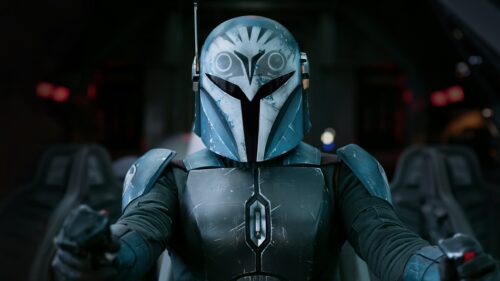 Cinematic The Mandalorian Standing on Tatooine Dunes 4K Desktop Wallpaper