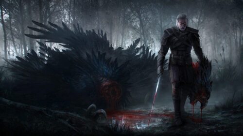 Geralt of Rivia Standing in Dark Misty Forest The Witcher 4K Wallpaper