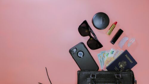Travel Essentials Flat Lay with Passport and Accessories Desktop Wallpaper