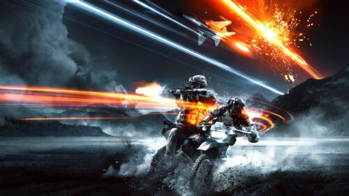 Battlefield Action Combat Soldiers on Motorcycle 4K Wallpaper