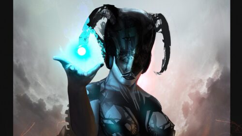 Cybernetic Demon Queen With Blue Energy Orb Fantasy 4K Wallpaper