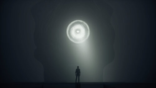 Minimalist Silhouette Facing Giant Glowing Eye Concept PC Wallpaper