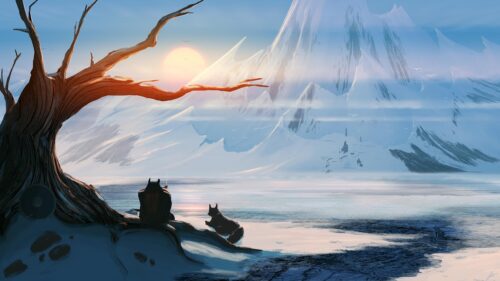 Solitary Traveler and Wolf in Snowy Mountain Landscape 4K Wallpaper