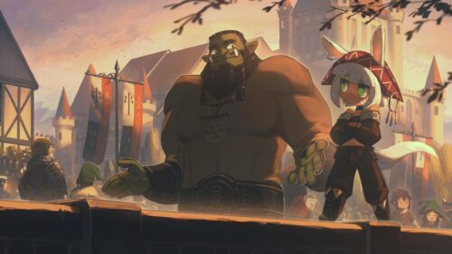Fantasy Orc and Viera Girl in Medieval Town Sunset 4K Wallpaper