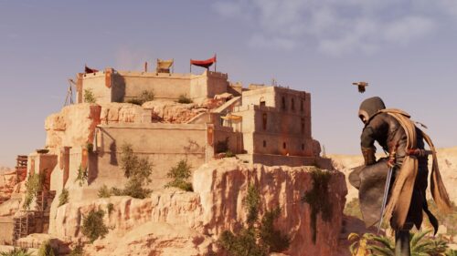 Assassin’s Creed Mirage Basim Watching Over Desert Fortress PC Wallpaper