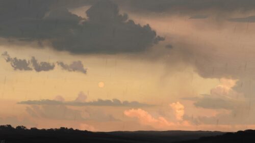 Soothing Rainy Sunset Over Rolling Hills Digital Art PC Wallpaper