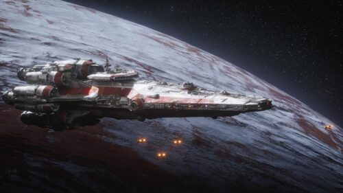 Epic Sci-Fi Space Cruiser Orbiting a Red Planet 4K Desktop Wallpaper