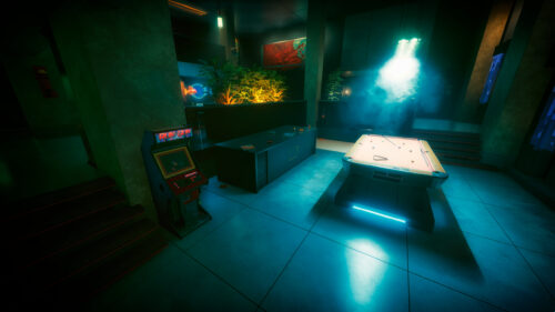 Cyberpunk Neon Gaming Room with Pool Table and Arcade Desktop Wallpaper