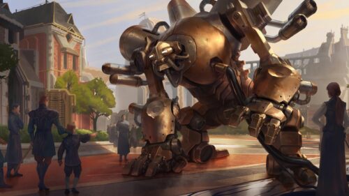 Steampunk Mech Robot in Fantasy City Square Desktop Wallpaper