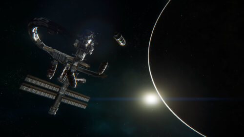 Futuristic Space Station Orbiting a Dark Planet 4K Desktop Wallpaper