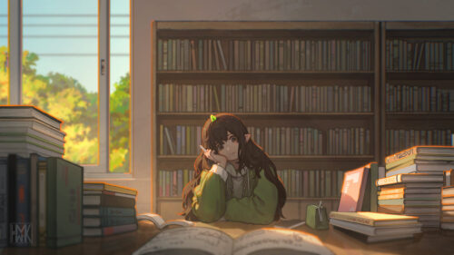 Anime Girl Studying in Library Warm Sunset Atmosphere PC Wallpaper