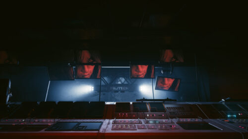 Cyberpunk Militech Surveillance Control Room with Mysterious Female Face 4K Wallpaper