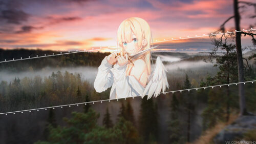 Beautiful Anime Angel Girl With Dagger in Foggy Forest Sunset PC Wallpaper