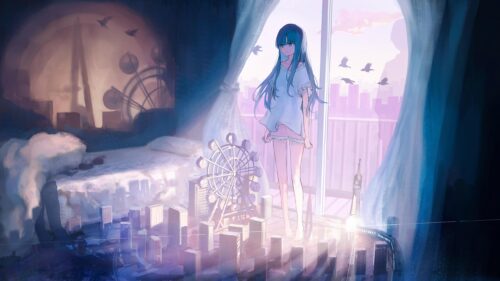 Lonely Anime Girl Standing Above Miniature Cityscape 4K Wallpaper