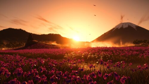 Stunning Mount Fuji Landscape with Purple Iris Flowers at Sunset 4K Wallpaper