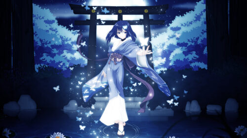 Anime Girl in Blue Kimono with Magical Butterflies and Torii Gate PC Wallpaper