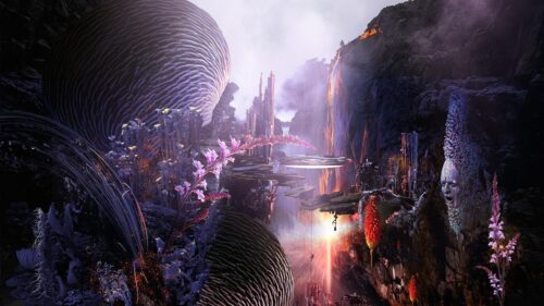 Surreal Alien Landscape with Glowing Flowers and Mystical Rock Face 4K Wallpaper