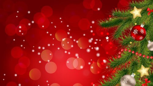 Elegant Christmas Tree Branches with Ornaments on Red Bokeh Background PC Wallpaper