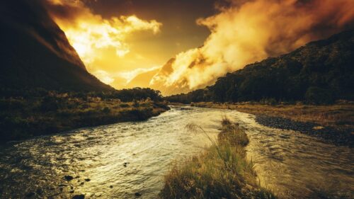 Golden Hour Mountain River Landscape 4K PC Wallpaper