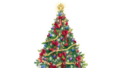 Beautiful Artistic Christmas Tree Illustration with Vibrant Decorations 4K Wallpaper
