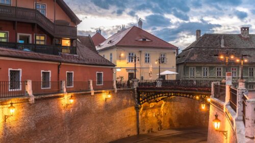 Beautiful European Old Town Bridge at Twilight Desktop Wallpaper