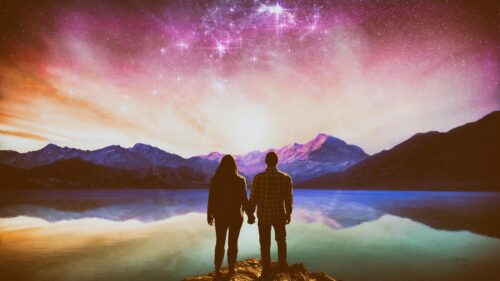Couple Holding Hands Under Magical Starry Night Sky PC Wallpaper
