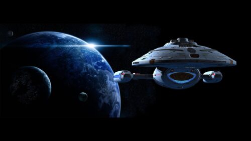 Star Trek USS Voyager Spaceship Orbiting Earth Planet 4K Wallpaper