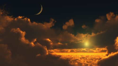 Stunning Golden Sunset Above Clouds with Crescent Moon Desktop Wallpaper
