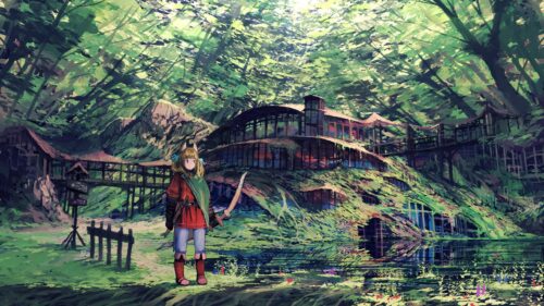 Anime Girl Archer in Enchanted Mossy Forest Cabin PC Wallpaper