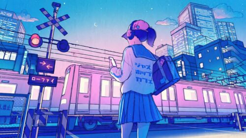 Lo-Fi Anime Girl Standing by Train Station Aesthetic PC Wallpaper