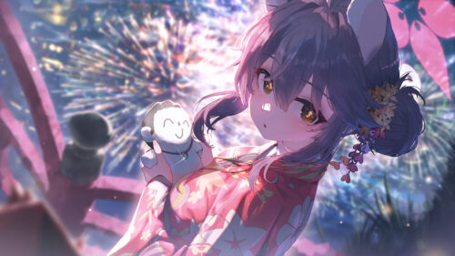 Anime Girl in Kimono Watching Fireworks PC Wallpaper