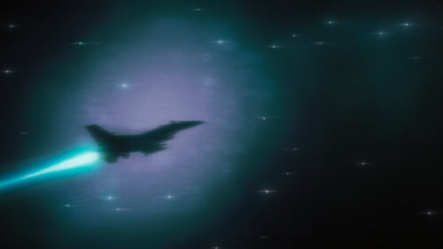 Silhouette Jet Fighter Flying Through Deep Space PC Wallpaper