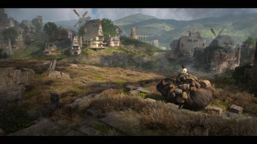Fantasy Traveler Riding Giant Creature toward Medieval Village PC Wallpaper