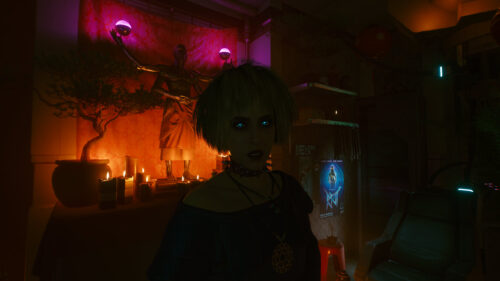 Cyberpunk Woman with Glowing Eyes in Neon Shrine PC Wallpaper