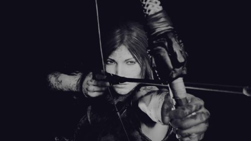 Lara Croft Tomb Raider Focused Aiming Black and White PC Wallpaper