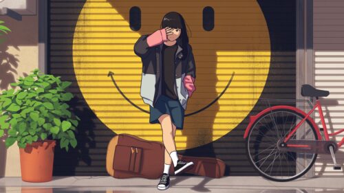 Anime Girl Posing in Front of a Large Smiley Face Graffiti Desktop Wallpaper